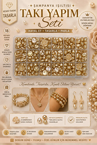 By MO Accessories 18 Bölmeli Şampanya Gold Takı Yapma Seti – İnci ve Figür Bo...