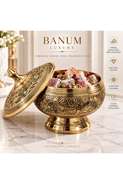 Banum Luxury Premium Pirinç Metal El İşi İşlemeli Kapaklı Şekerlik & Lokumluk...