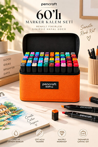 SYN AKSESUAR Pencraft 60’lı Çift Uçlu Marker Keçeli Kalem Seti – Turuncu Taşı...