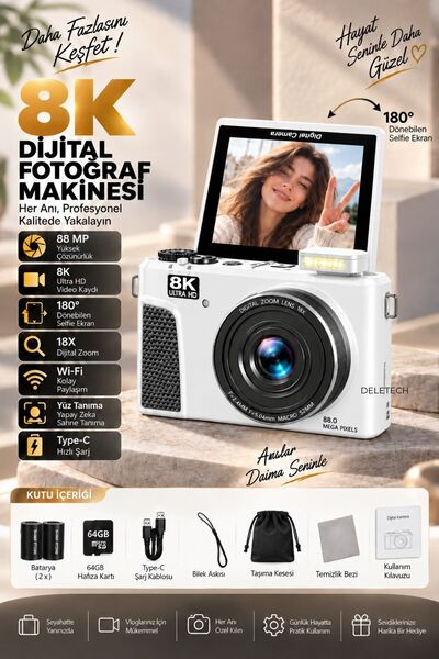8K Dijital Fotoğraf Makinesi 88MP WiFi Video Kamera 18X Zoom Dönebilir Ekran 64GB Hafıza Kartı + Çift Batarya