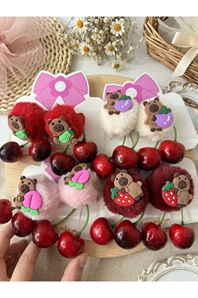 ALLYA MİNİ DRESS Kapibara ve Peluş Ponponlu Kirazlı 1 Çift Pens Toka ( Kırmız...