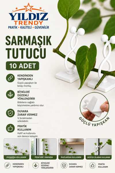 Yıldız Trendy 10 Adet Bitki Klipsi Sarmaşık Çiçek Tutucu Duvar Tutturma Apara...
