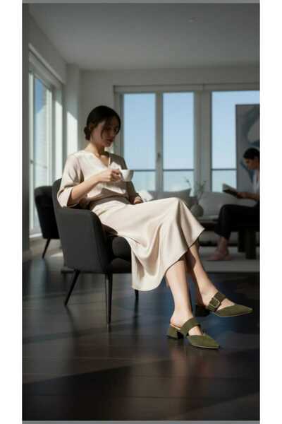 VixenneShoes Vixenne Shoes Kadın Zeytin Yeşili Süet Topuklu Terlik Mule Sivri...