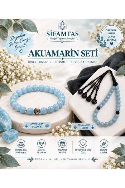 ŞİFAMTAŞ طقم أحجار الأكوامارين الطبيعية (سوار وسبحة)