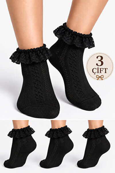 Genel Markalar Caglar Socks Genç Pamuklu Dantel Fırfır Detaylı Örgü Desen Bil...