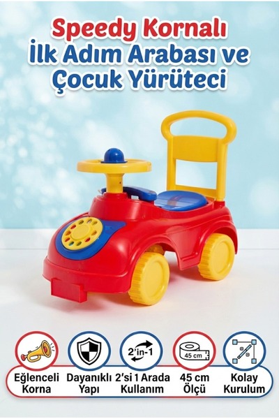 Tıfıl Toys Speedy Kornalı İlk Adım Arabası ve Çocuk Yürüteci 45 CM 2'si 1 Ara...