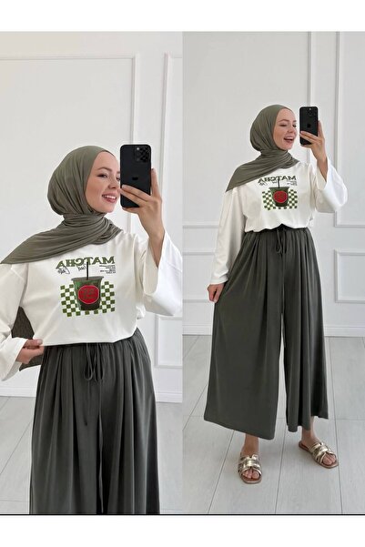 fera butik Kadın Baskılı Oversize Bisiklet Yaka Sweatshirt