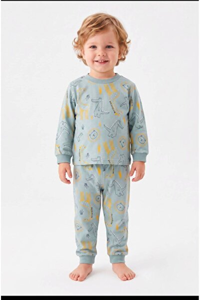 Hayvan Figürlü Yeşil Pamuklu Uzun Kollu Pijama Takımı