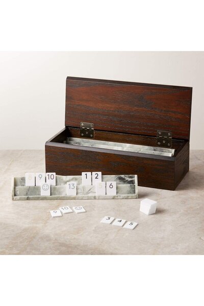 CB2 Reign Green Marble Rummy Cube Game Set with Oak Wood Box