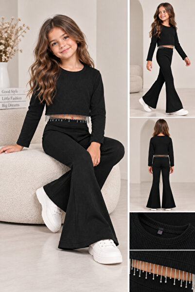 mini kanka Girl's Spanish Style Suit with Stone Tassel Detail, Ribbed Long Sl...