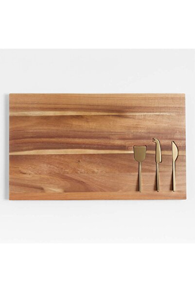 Crate & Barrel Octavia Large Wooden Cheese Board and Knives