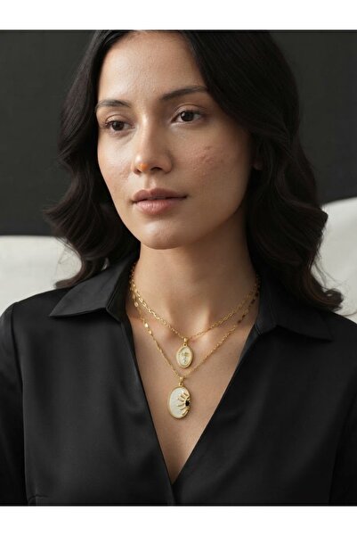 ROYAL SPARK Gold Plated Effect Oval Medallion Double Necklace Set
