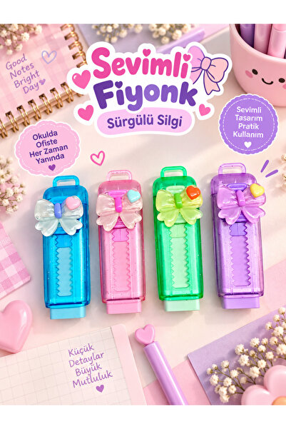 ÖZ OFİS Simli Sevimli Fiyonk Tasarımlı Sürgülü Silgi - Yumuşak İz Bırakmaz Si...