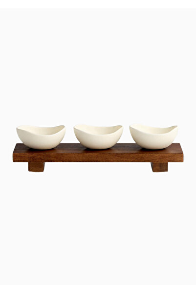 Crate & Barrel Orchard Footed Wooden Serving Set, Handmade Mango Wood Stand w...