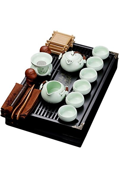 fanquare Çin Tarzı Kung Fu Seramik Çay Seti Tepsi ve Aksesuarlarla 10 Parça