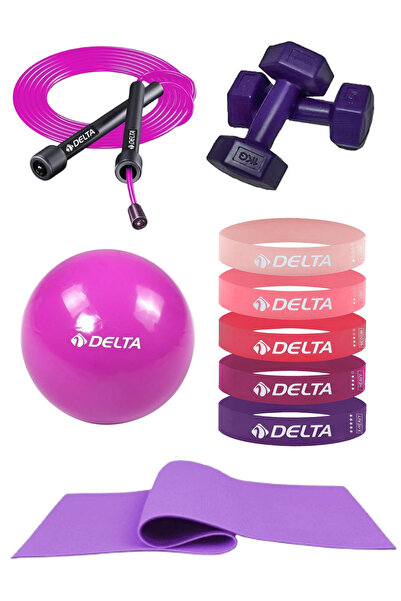 Delta Pilates Exercise Set 6 mm Mat 5-Piece Latex Resistance Band 20 cm Ball Jump Rope 1 kg X2 Dumbbells