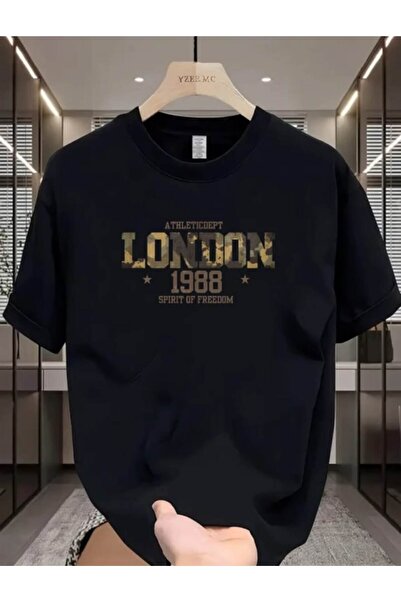 TİMİSİVA تي شيرت أسود مطبوع برقبة دائرية وأكمام قصيرة للجنسين من LONDON 1988