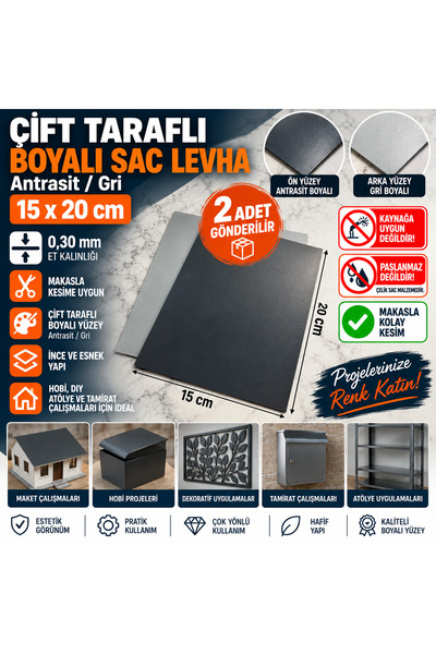 Home 2 Adet Boyalı Sac Levha 15x20 cm 0,30 mm Antrasit Gri Metal Plaka Makasl...