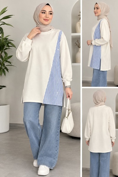 aymiraa Women's Hijab Tunic with Striped Shirt Detail, Comfortable Fit Tunic