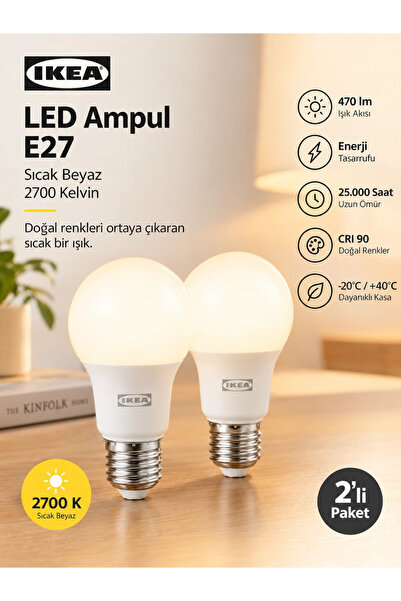 IKEA LED Ampul E27 2’li Paket – Sıcak Beyaz 2700K, 470 lm, Enerji Tasarruflu
