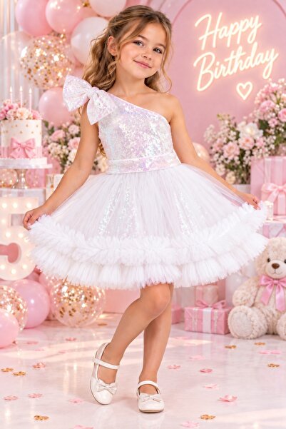 babysmile Girl's One-Shoulder White Ruffle Detailed Dress Costume