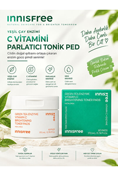 Innisfree Yeşil Çay Enzimi C Vitamini Tonik Ped 60 – Cilt Tonunu Dengeleyen, ...