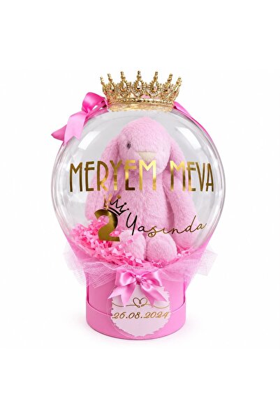 BALONCU ABLA Taçlı Peluş Tavşanlı Balon Kutusu Pembe