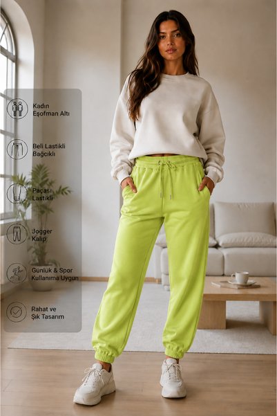 STYLENEST Kadın Neon Yeşil Eşofman Altı Beli Lastikli Bağcıklı Yan Cepli Paça...