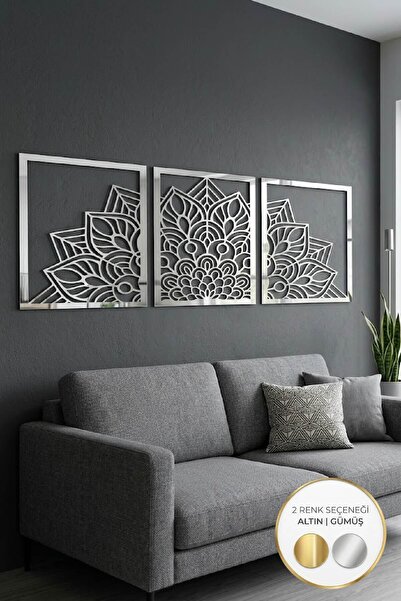 Rime Tasarım Aynalı Mandala Motifli 3 Parçalı Duvar Süsü - Salon ve Oturma Od...