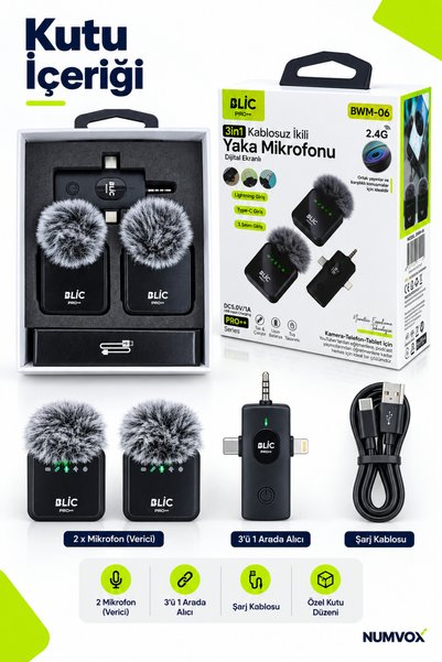 numvox Kablosuz İkili Yaka Mikrofon 5.0V / 1A Lightning - Type-C - 3.5MM Giriş 3İN1 Tüylü