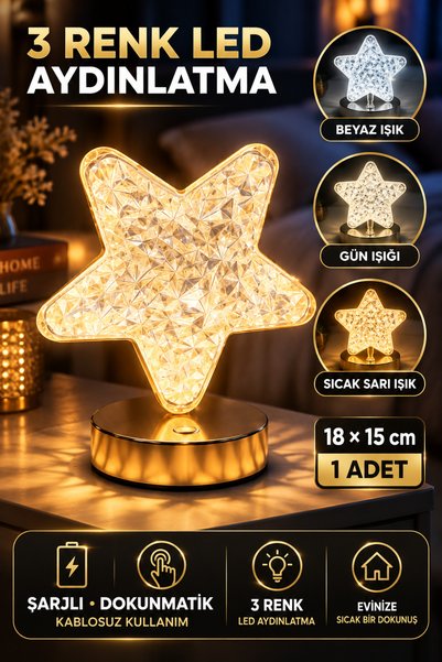 Hane Dostu Yıldız Model Kristal LED Masa Lambası Şarjlı Dokunmatik 3 Renk Kab...