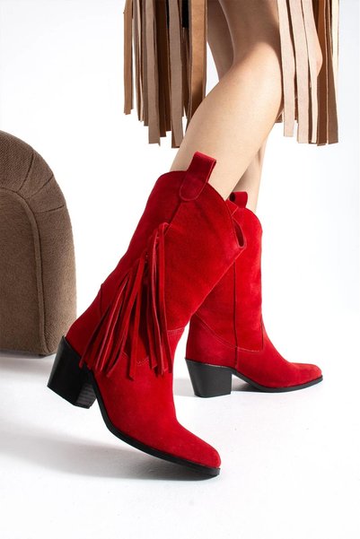Tibu Ayakkabı Texas Breeze Tasseled Red Suede Women's Cowboy Boots