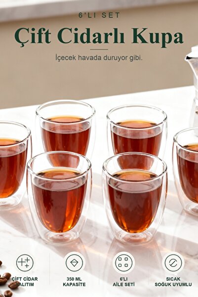 viracasa 6'lı Çift Cidarlı Cam Kupa 350 ml Isı Yalıtımlı Kahve Çay Bardağı Bo...
