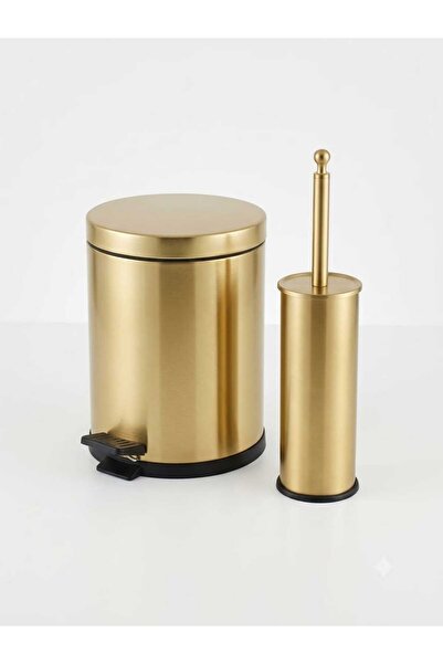 Ayrohe 5lt Gold Saten Pedallı Çöp Kovası ve Klozet Fırçası