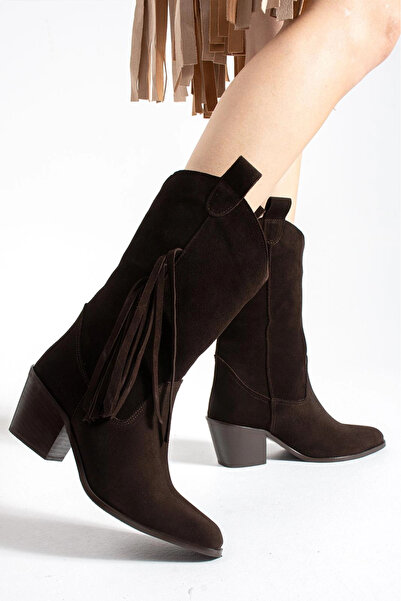 Tibu Ayakkabı Texas Breeze Tasseled Bitter Brown Suede Women's Cowboy Boots