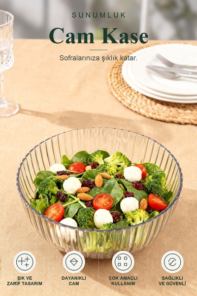 viracasa 3,5 Litre Cam Salata Kasesi Yivli Desenli Sunumluk Servis Kasesi