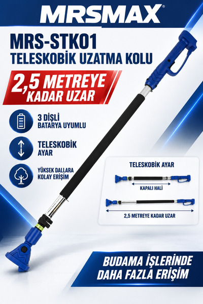 MRSMAXX MRS-STK01 2,5 Metre Teleskobik Uzatma Kolu 3 Dişli Batarya Uyumlu Bud...