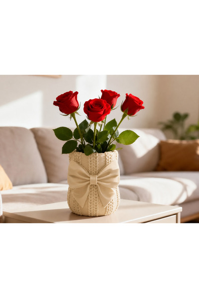 Bezos Vază tricotată cu fundă imprimată 3D - Ghiveci decorativ pentru flori -...