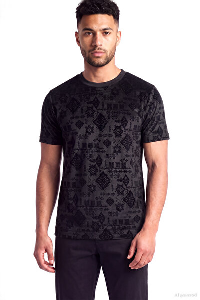 Emporio Armani Men's Cotton Embossed Patterned Round Collar Short Sleeve Blac...