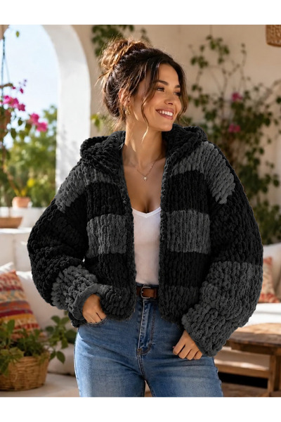 Zuviel Deco Handmade Antrasit & Siyah Chunky Polar El yapımı Kapüşonlu Hırka