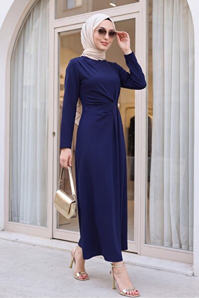 HİJABAYA Double Long Sleeve Maxi Hijab Crepe Dress with Pleated Detail on the...