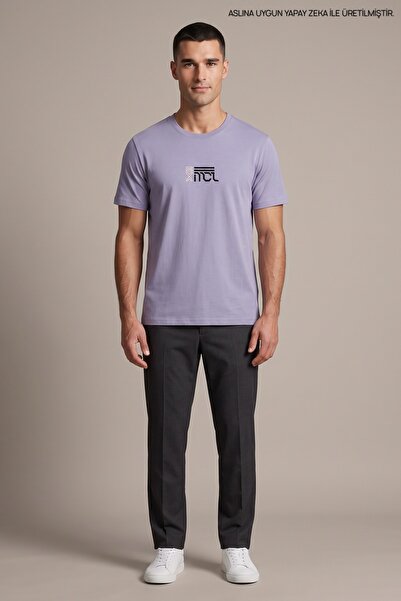 Maccali Lilac Men's Monogram Printed Crew Neck Loose Fit T-Shirt
