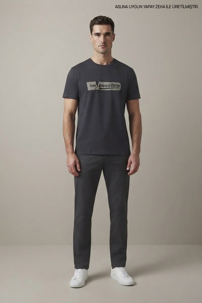 Maccali Navy Blue Men's Impossible Printed Crew Neck Loose Fit T-Shirt
