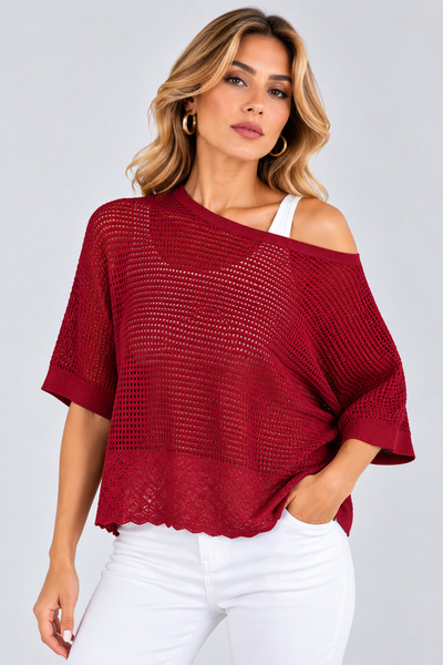 moda wanilia Women's Openwork Knit Boat Neck Bat Sleeve Oversize Knitwear Blo...