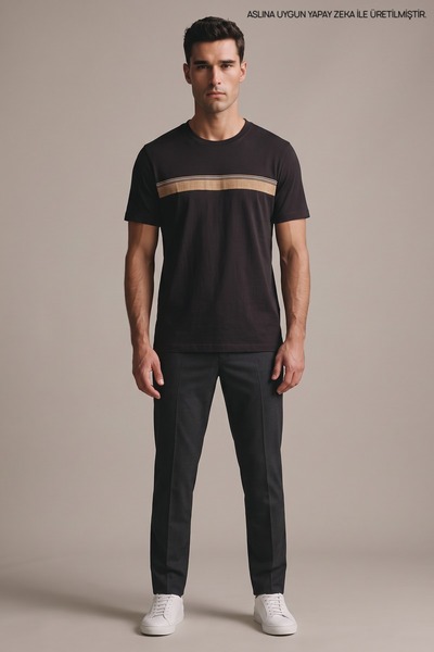Maccali Black Men's Crew Neck Loose Fit T-Shirt with Chest Band