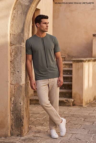 Maccali Khaki Green Men's Paris Printed Crew Neck Loose Fit T-Shirt