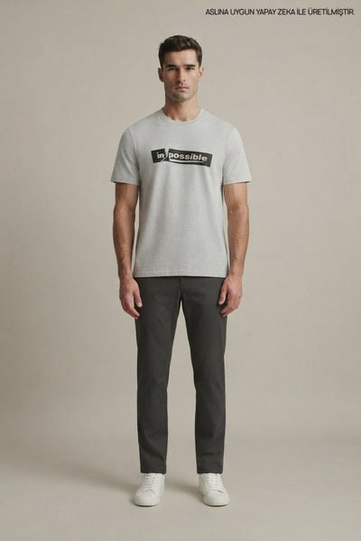 Maccali Gray Men's Impossible Printed Crew Neck Loose Fit T-Shirt