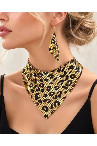 Yeşilmoda Kadın Siyah Gold Leopar Desenli 3’lü Takı Seti Kolye Küpe