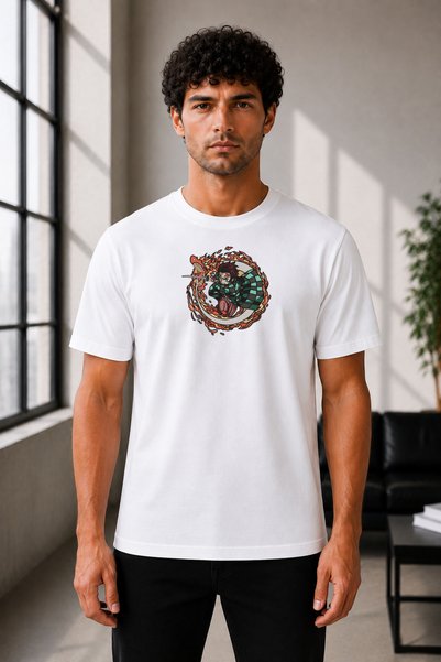 FAUNION Unisex Oversize Demon Slayer Tanjiro Kamado Embroidered Anime T-Shirt...