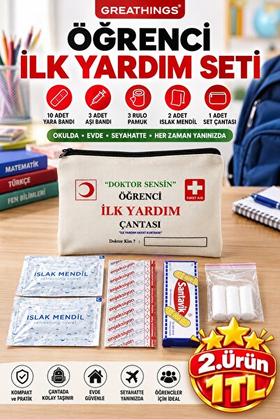 Greathings 19 Parça Öğrenci İlk Yardım Seti Bez Çantalı Yara Bandı Pamuk Isla...